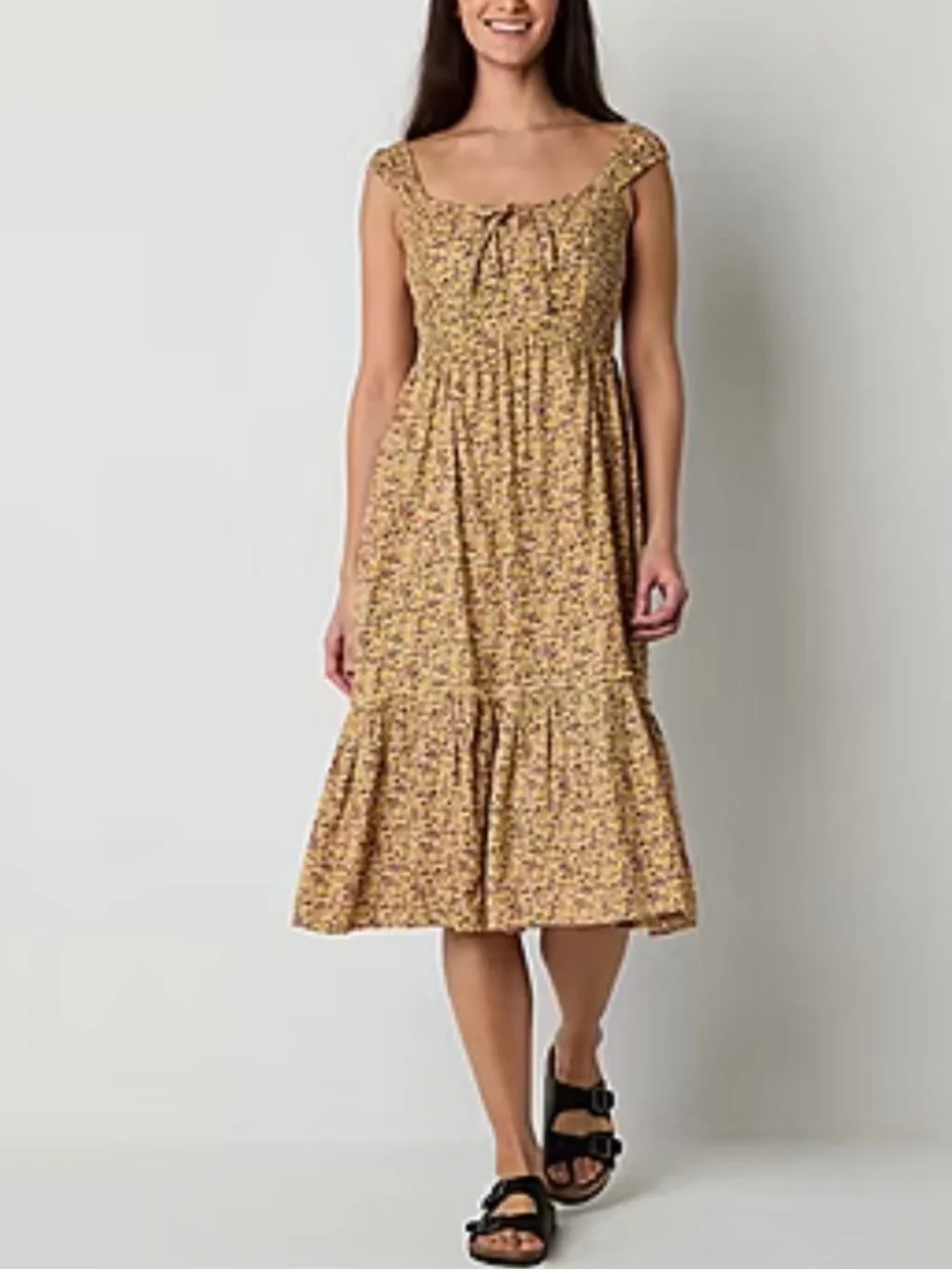 Arizona Jean Company Yellow Floral Midi Dress with Smocked Bodice XS - Picture 1 of 8